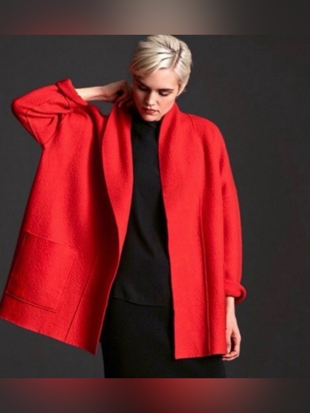 EILEEN FISHER Red Boiled Wool Shawl Collar Kimono Open Front Jacket Coat Size XL